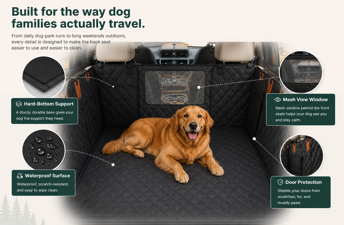 Dog back seat extender creating more usable backseat room for dog travel