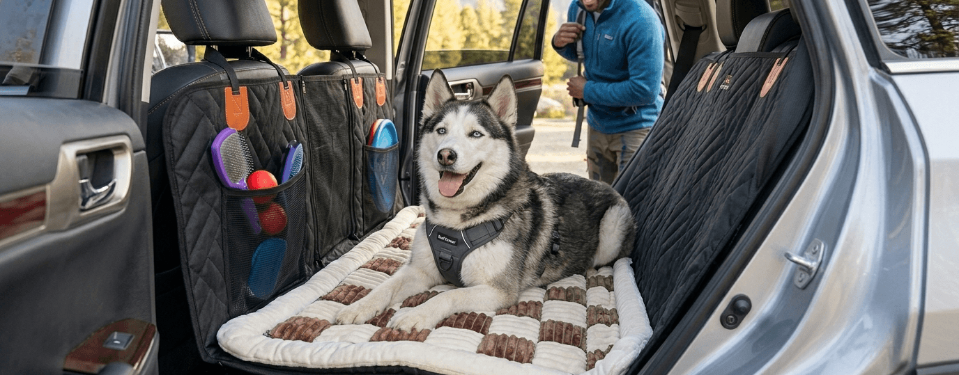 PupBench hard-bottom dog car back seat extender providing a spacious, waterproof travel bed with door protection and a mesh viewing window for dogs.