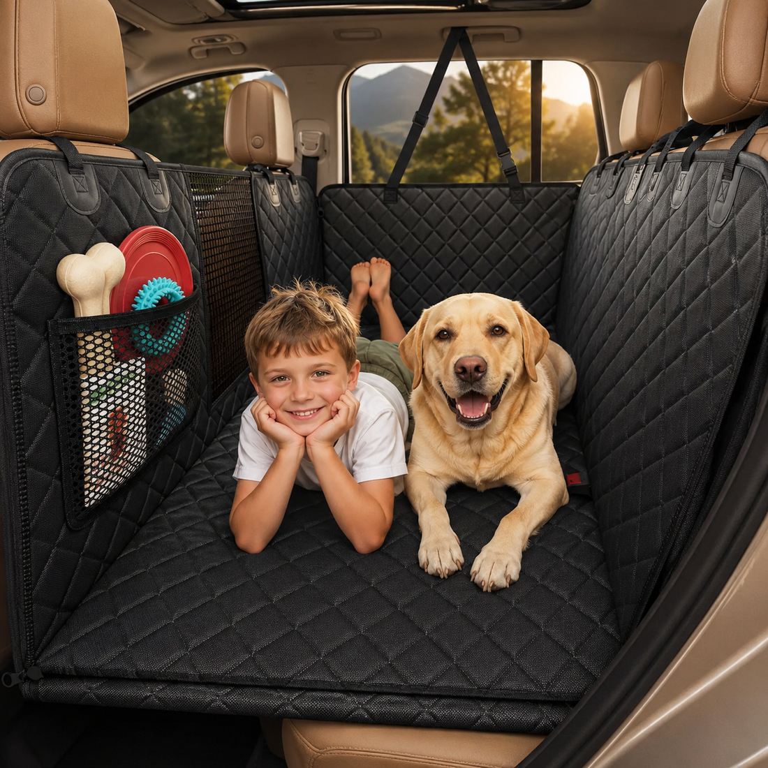 dog car travel guide hub with a protected back seat setup