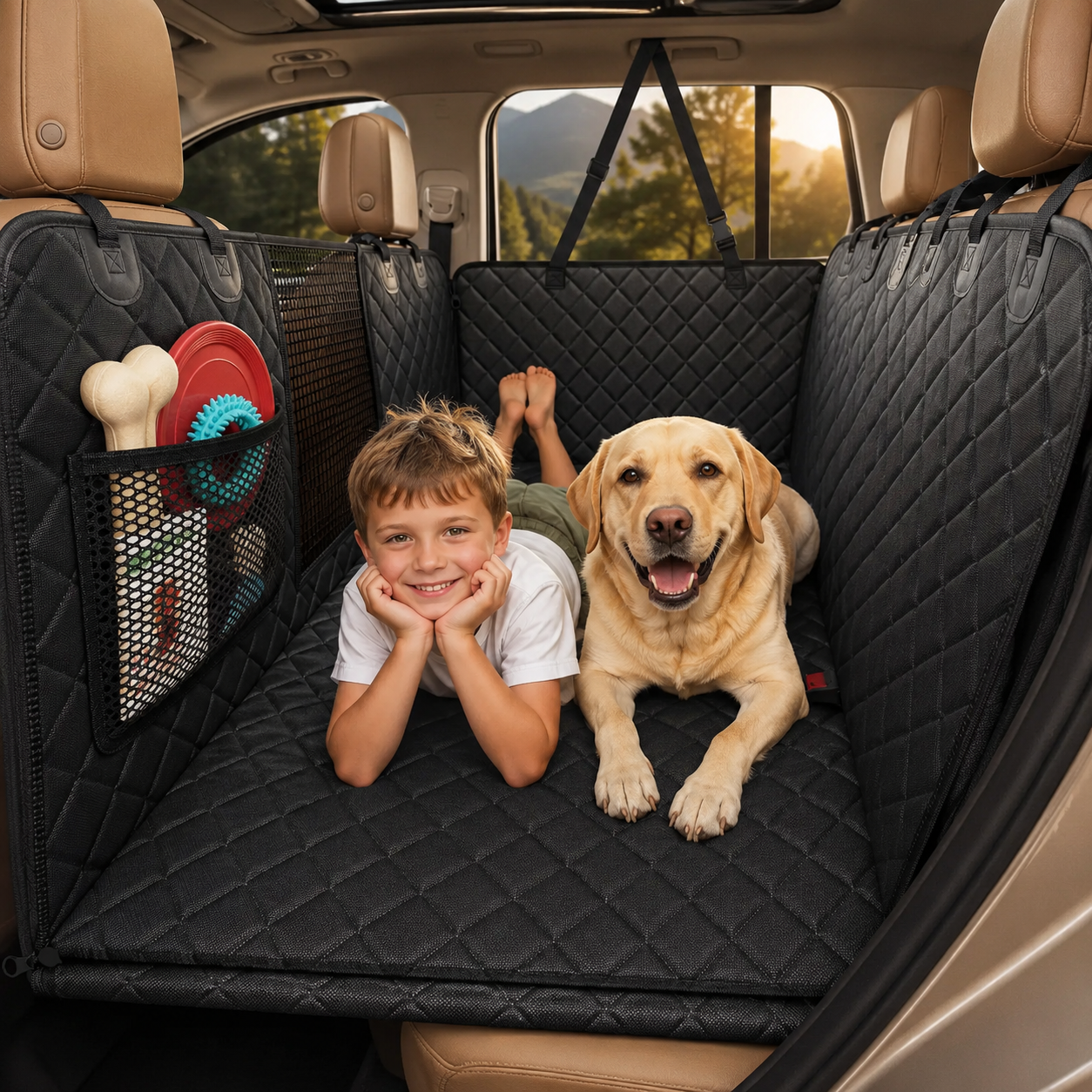 PupBench Road Bed hard-bottom dog back seat extender installed in a car
