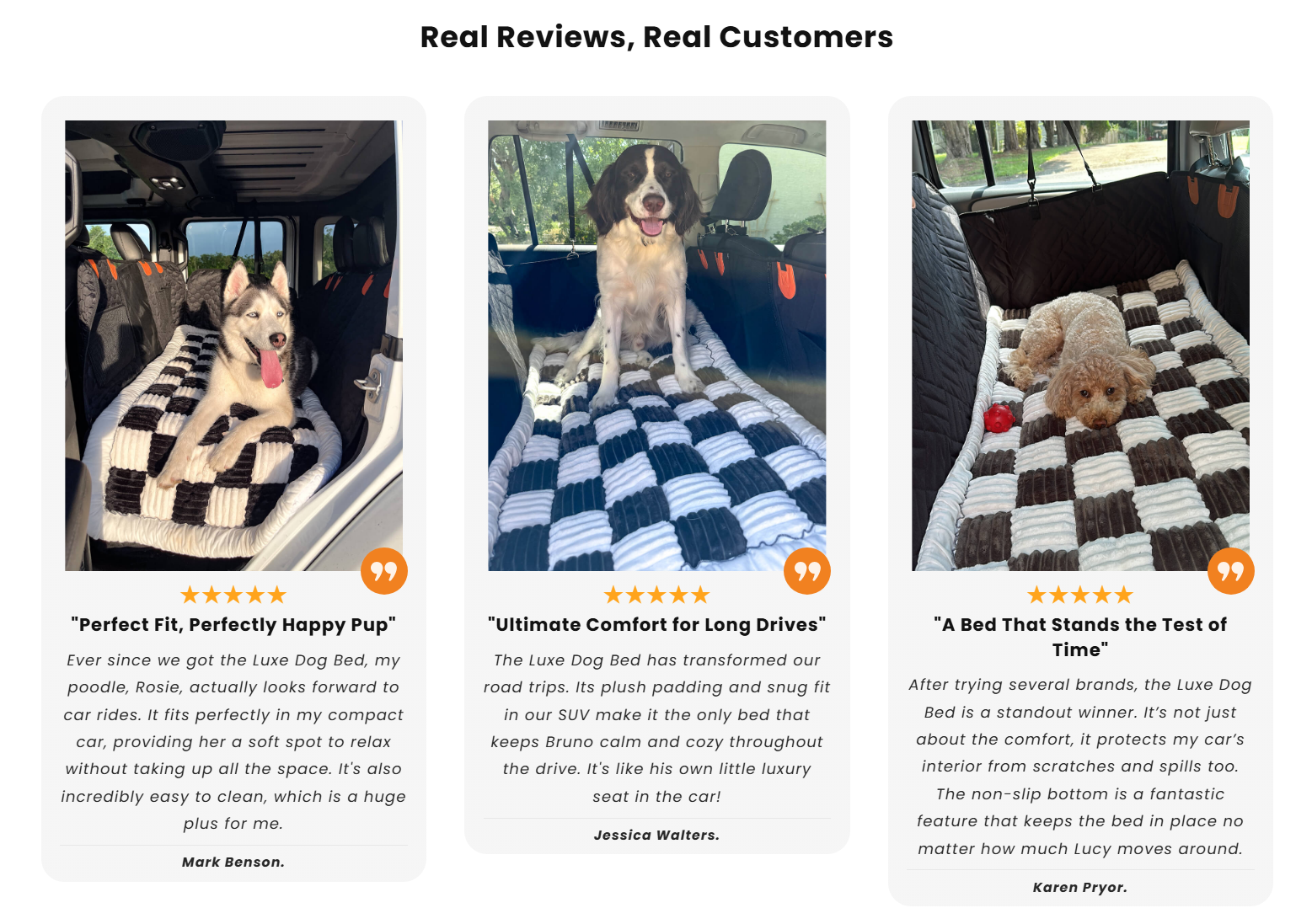 Traditional seat covers sag, shift, and leave dogs uncomfortable. PupBench creates a flat, stable travel space that gives your dog more room to relax while protecting your vehicle from fur, dirt, and scratches.